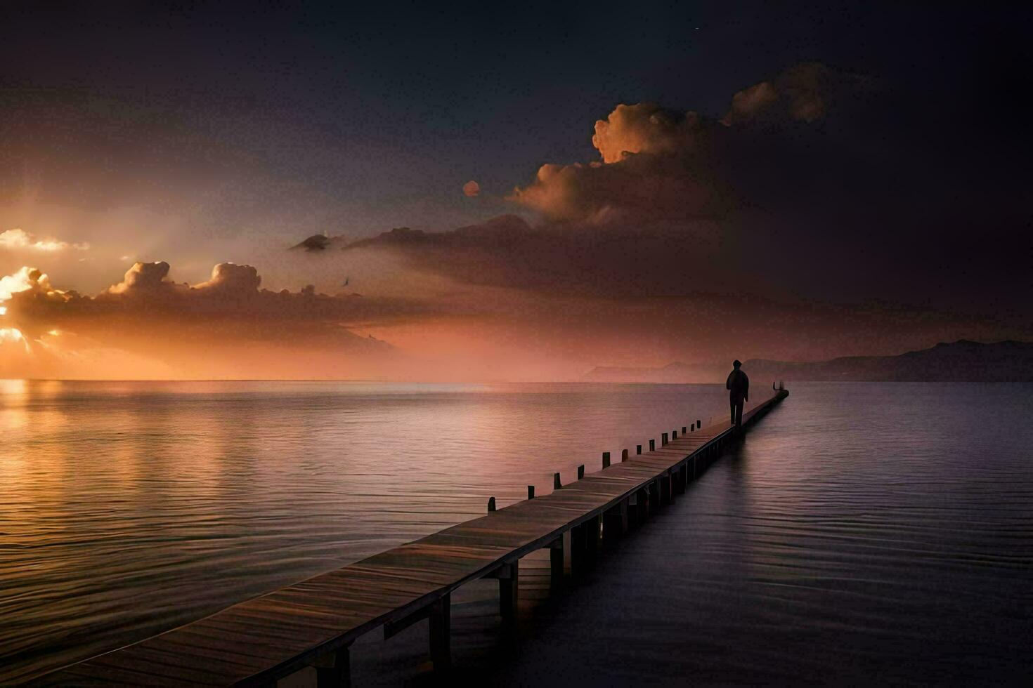 a man stands on a pier looking out to sea at sunset. AI-Generated photo