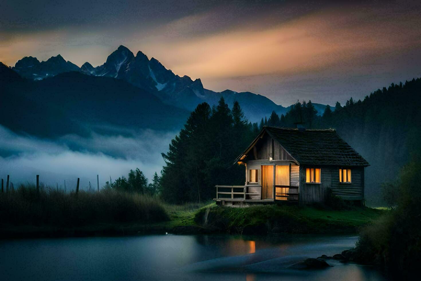 the cabin in the woods, lake, mountains, fog, sunset, fog, lake, mountains. AI-Generated photo