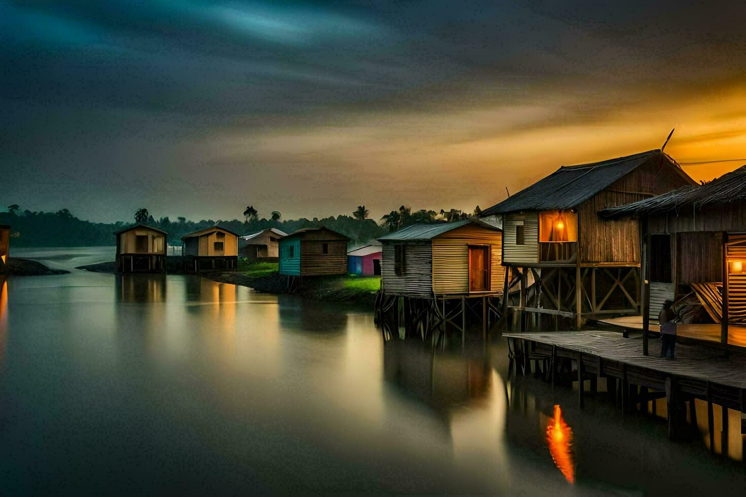 a river at sunset with wooden houses on stilts. AI-Generated photo