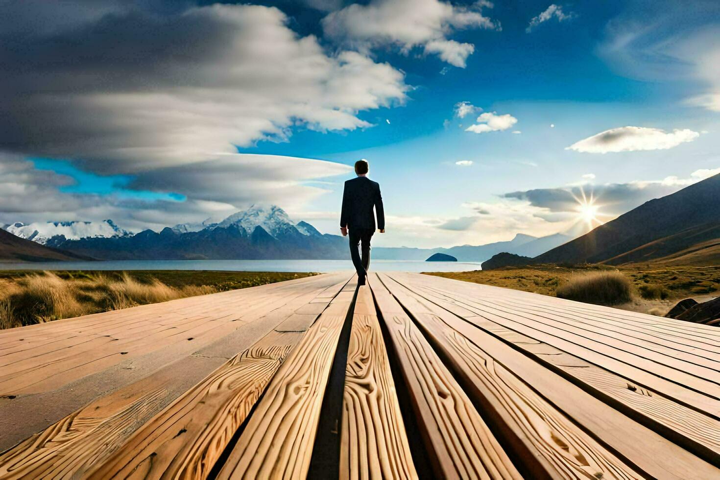 a man in a suit walks on a wooden bridge over a lake. AI-Generated photo