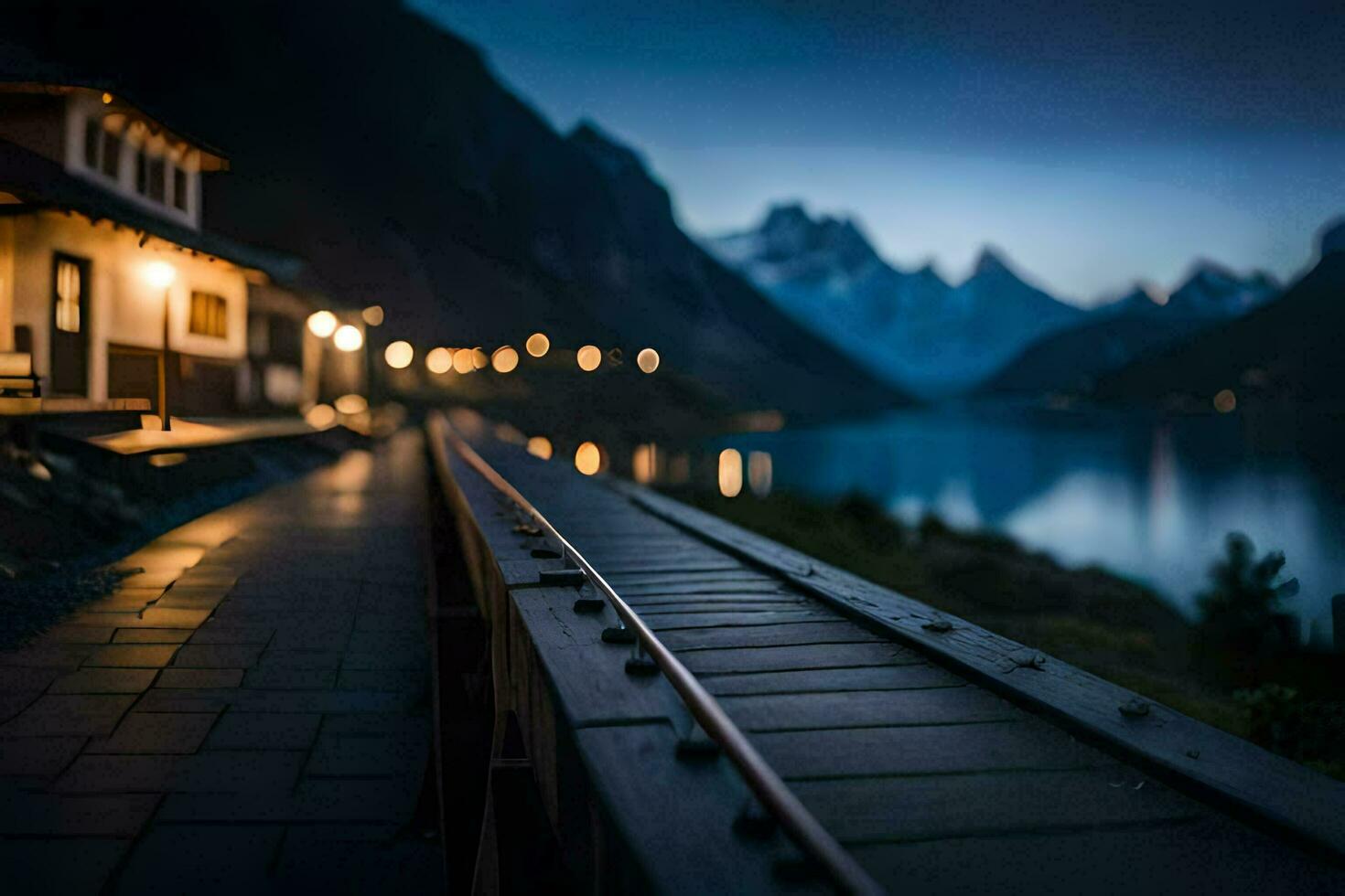 a train tracks leading to a lake at night. AI-Generated photo