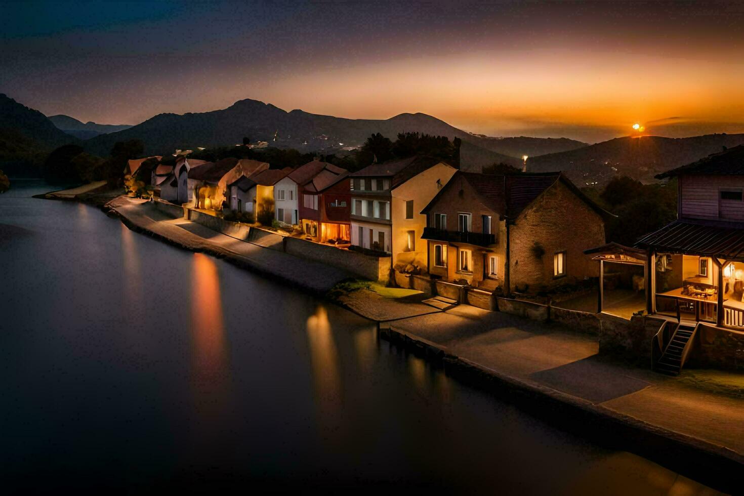 a river runs through a town at sunset. AI-Generated photo