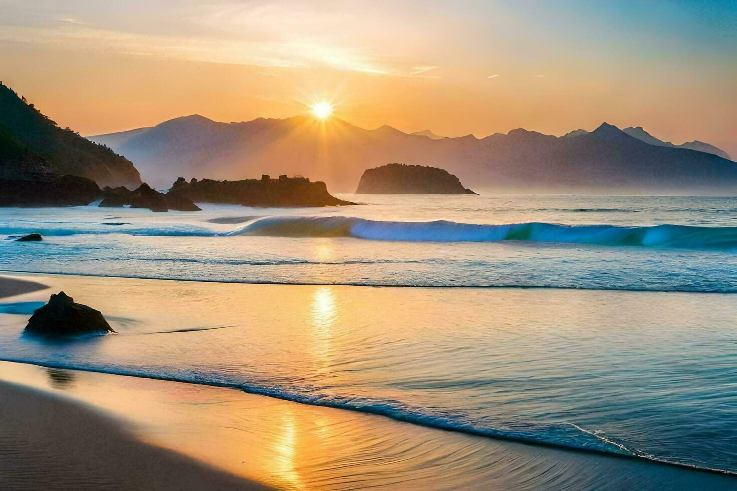 the sun rises over the ocean and mountains. AI-Generated photo