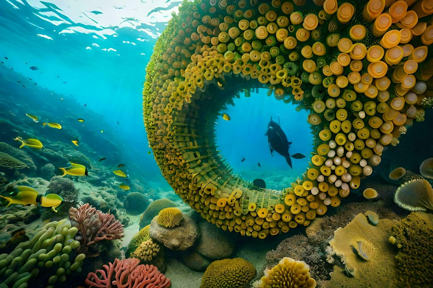 un buzo es mirando a un coral arrecife con un circular estructura. generado por ai foto