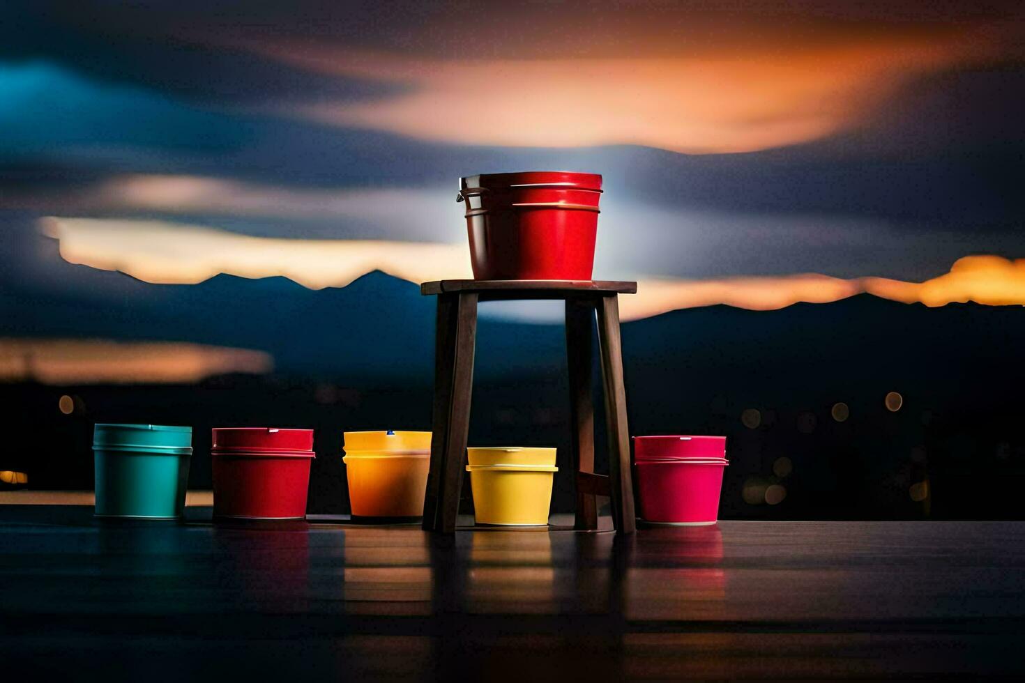 colorful buckets on a wooden stool in front of a sunset. AI-Generated photo