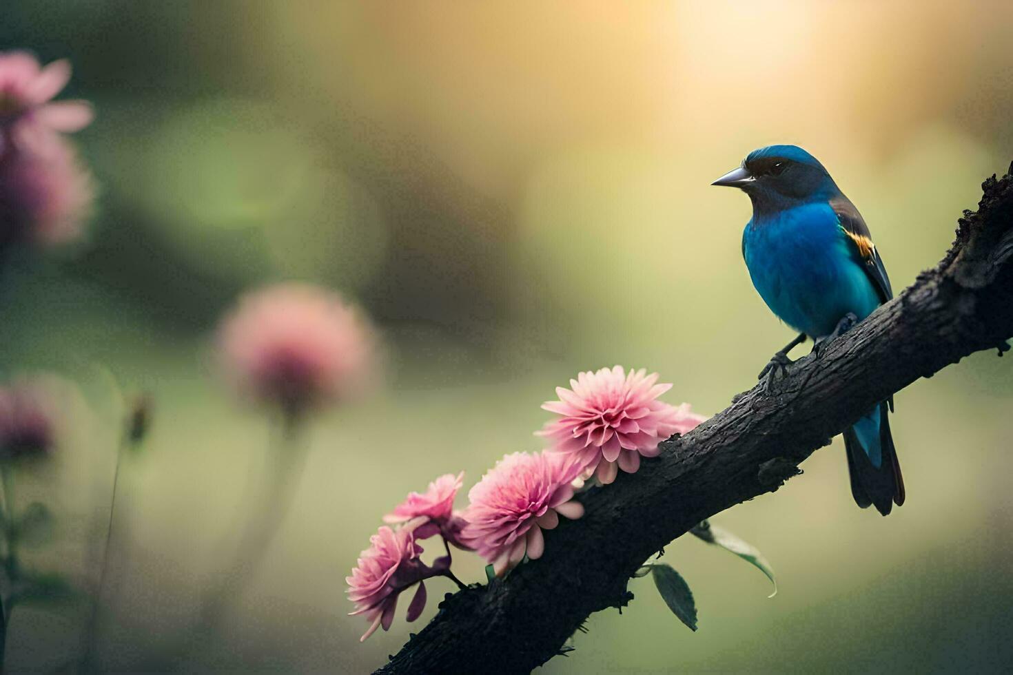 a blue bird sits on a branch with pink flowers. AI-Generated photo