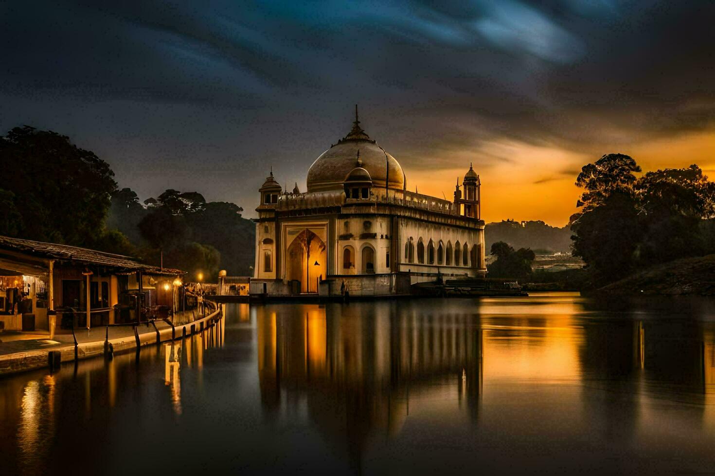 the sunset over the lake at the mosque. AI-Generated photo