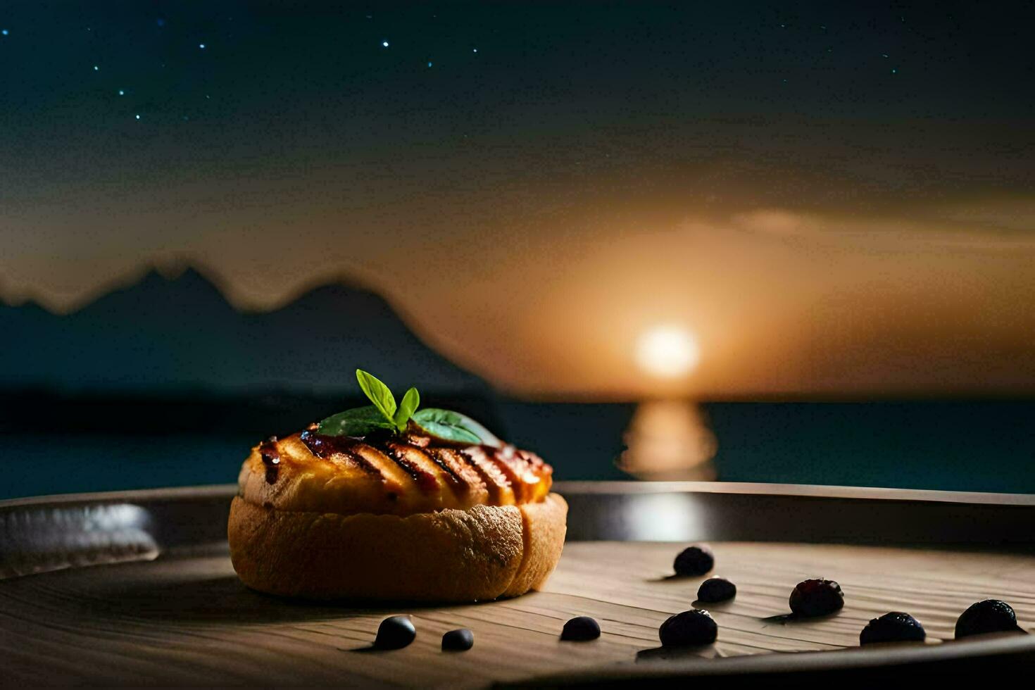 a dessert on a plate with a view of the ocean. AI-Generated photo