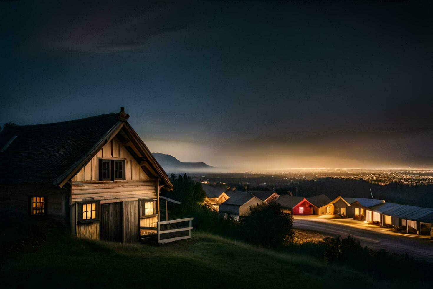 a small wooden house sits on a hill overlooking the city. AI-Generated photo