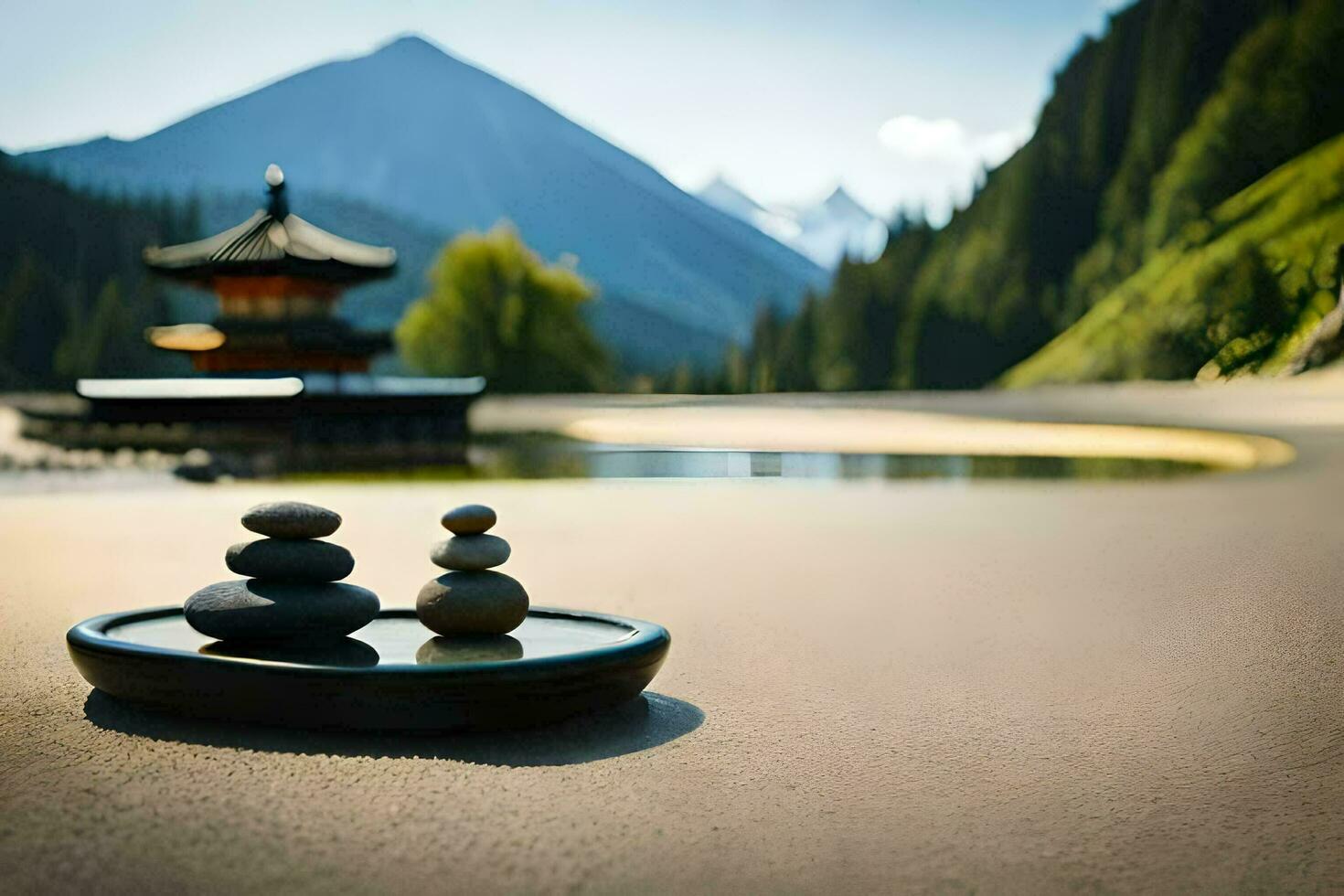 two stones are sitting on a table in front of a lake. AI-Generated photo