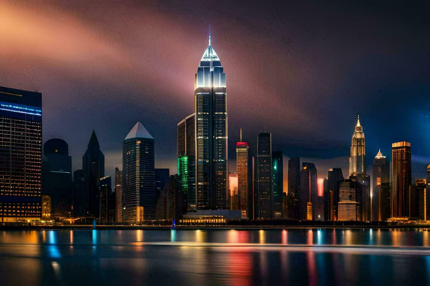 the city skyline at night with a stormy sky. AI-Generated photo
