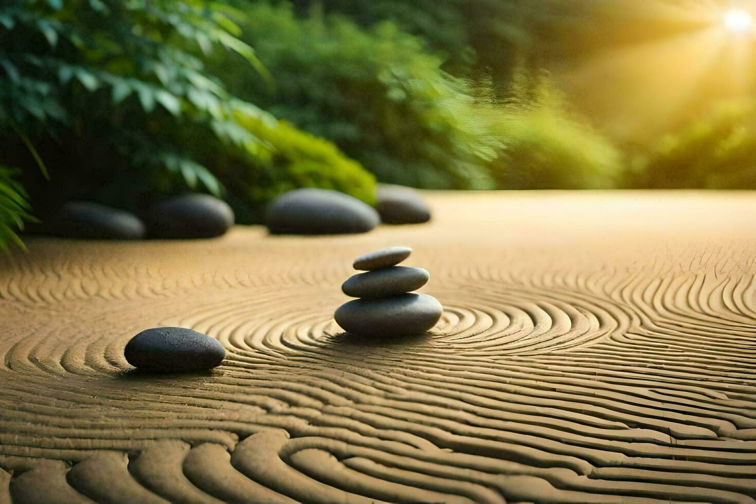 zen garden with stones and plants in the background. AI-Generated photo