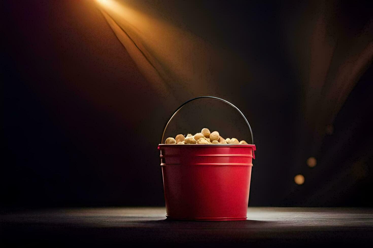a red bucket filled with popcorn on a dark table. AI-Generated photo