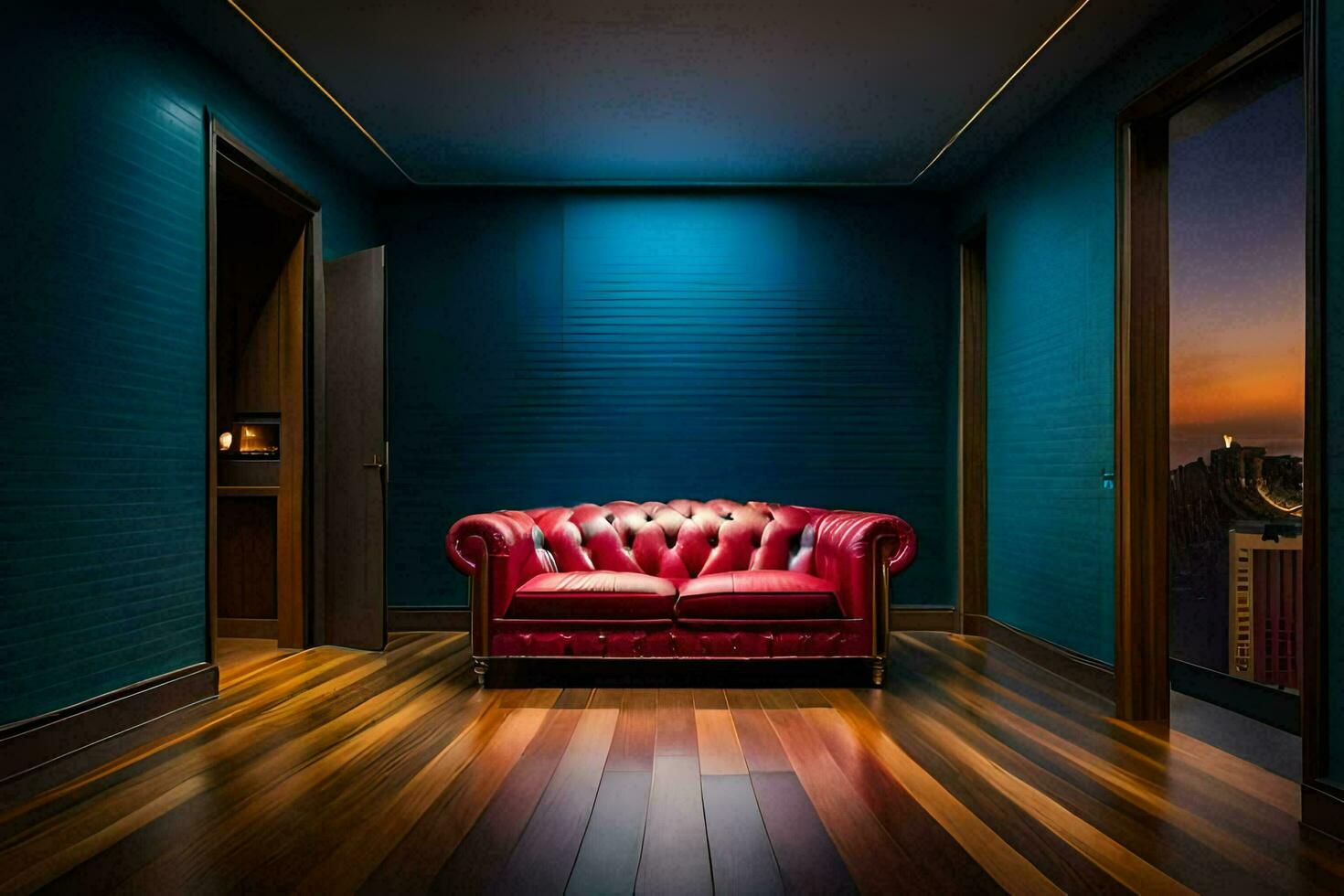 un rojo sofá en un habitación con azul paredes generado por ai foto