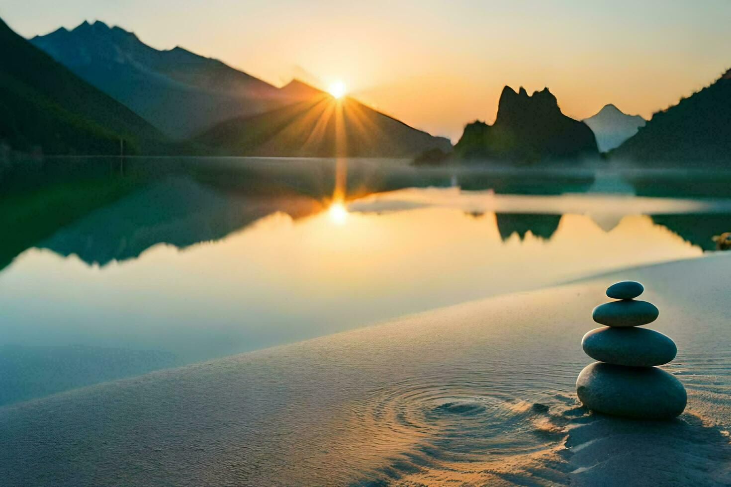a stack of stones sits on the shore of a lake at sunset. AI-Generated photo