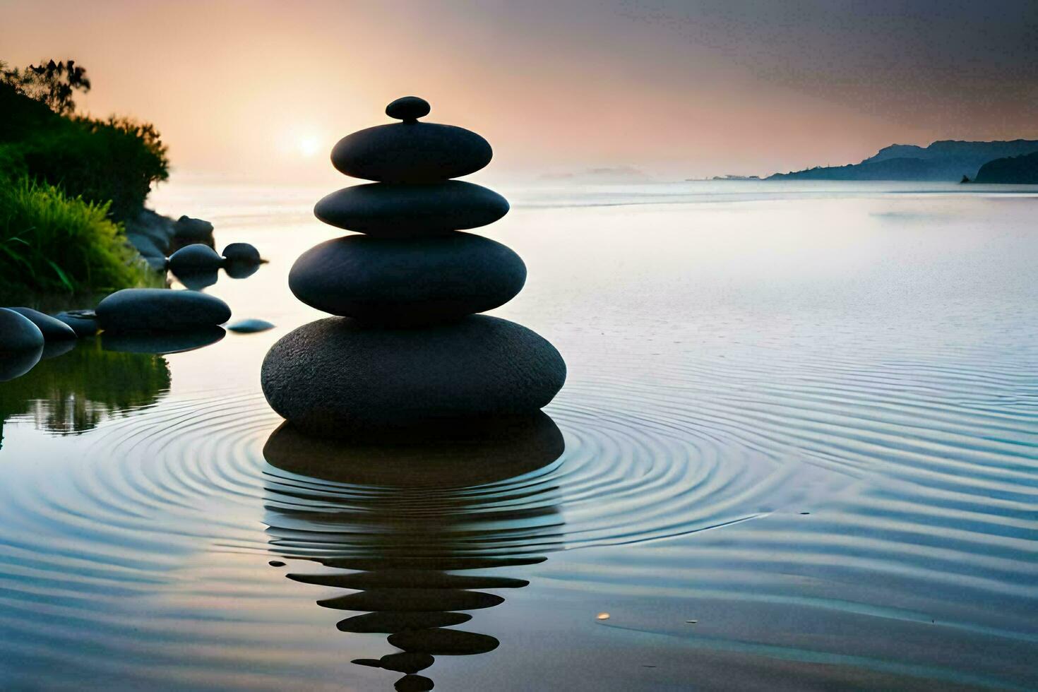 a stack of rocks in the water at sunset. AI-Generated photo