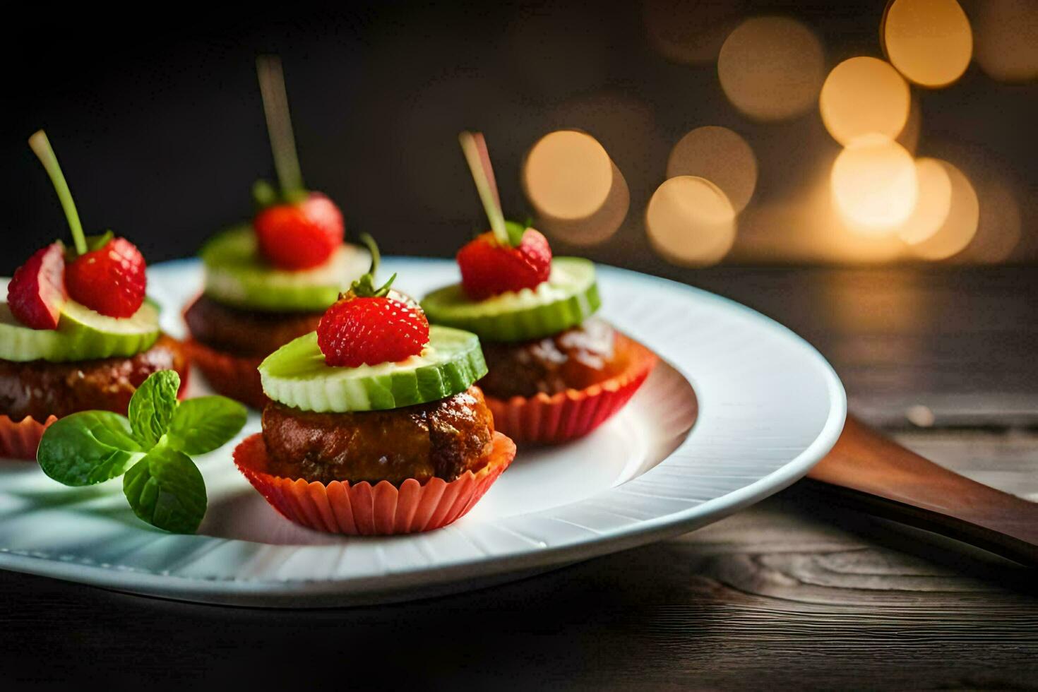 small meatballs with cucumber and strawberries on a plate. AI-Generated photo