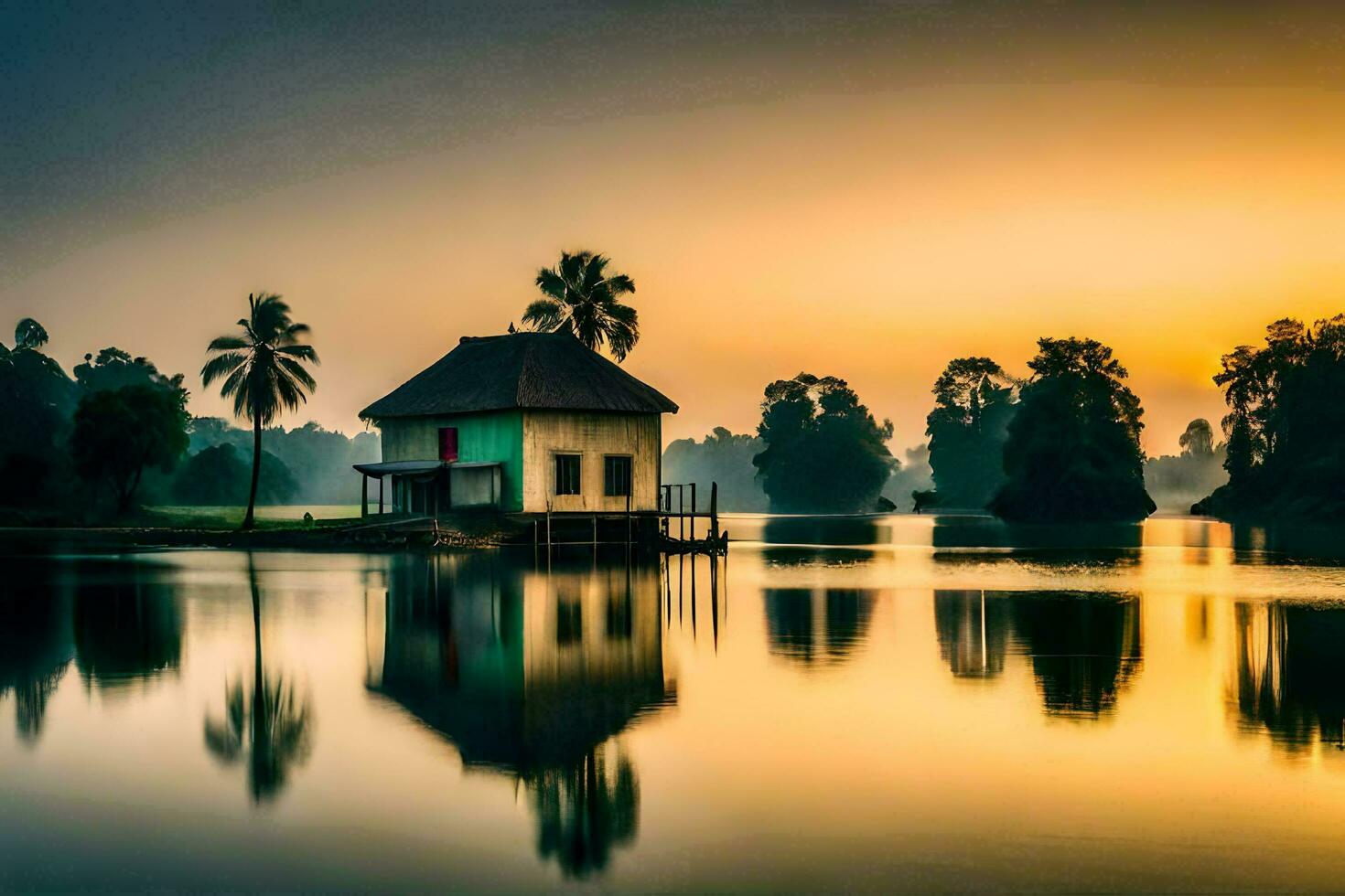 a small house sits on the edge of a lake at sunset. AI-Generated photo