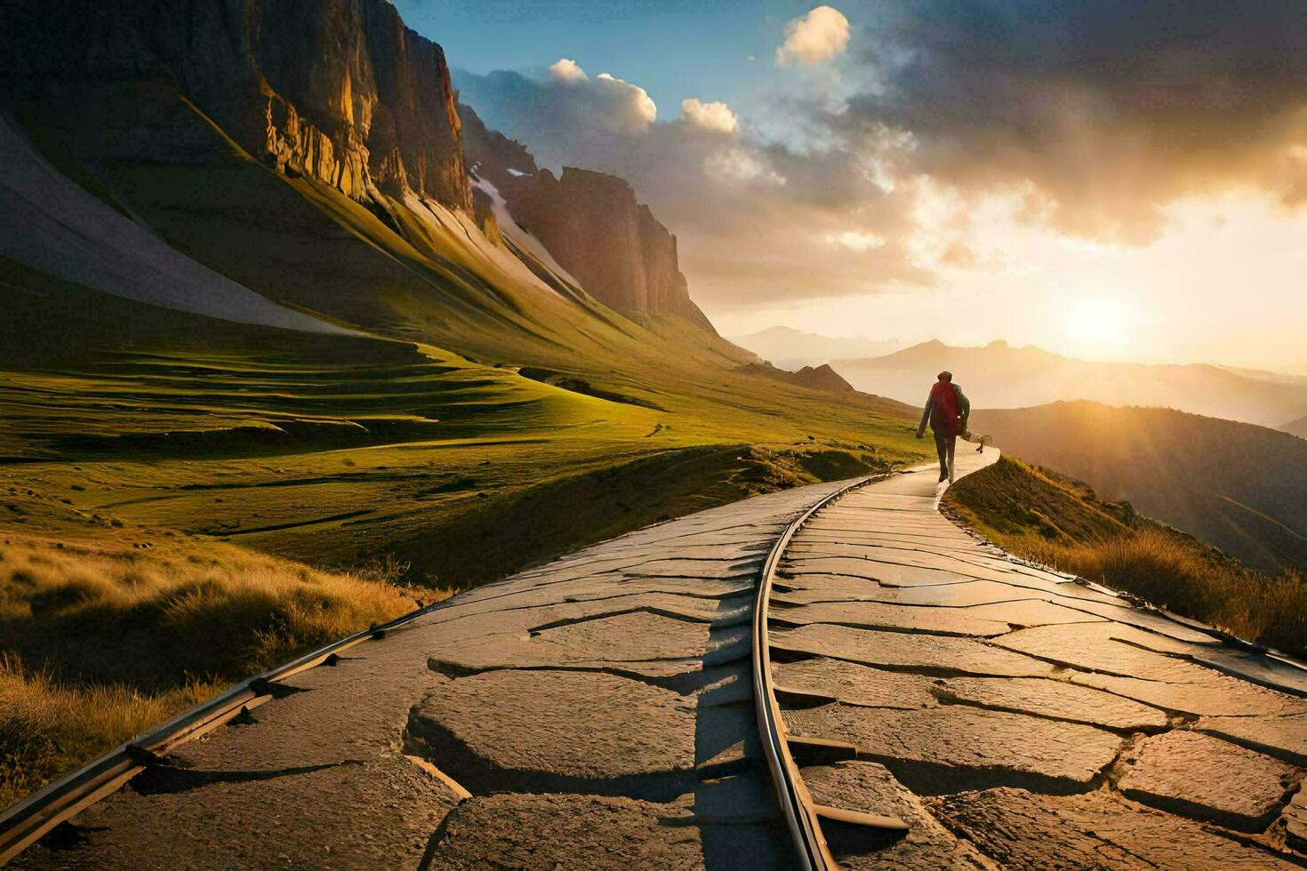 un hombre camina a lo largo un camino en el montañas. generado por ai foto