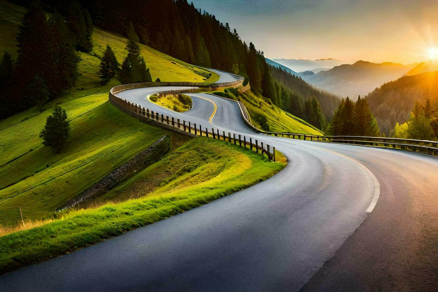 a winding road in the mountains with the sun setting. AI-Generated photo