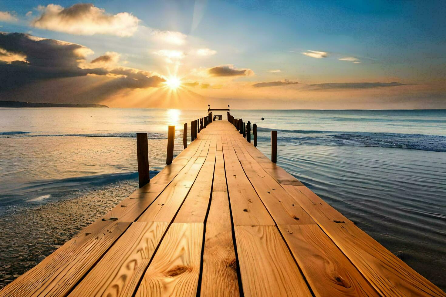 wooden pier stretching into the ocean at sunset. AI-Generated photo