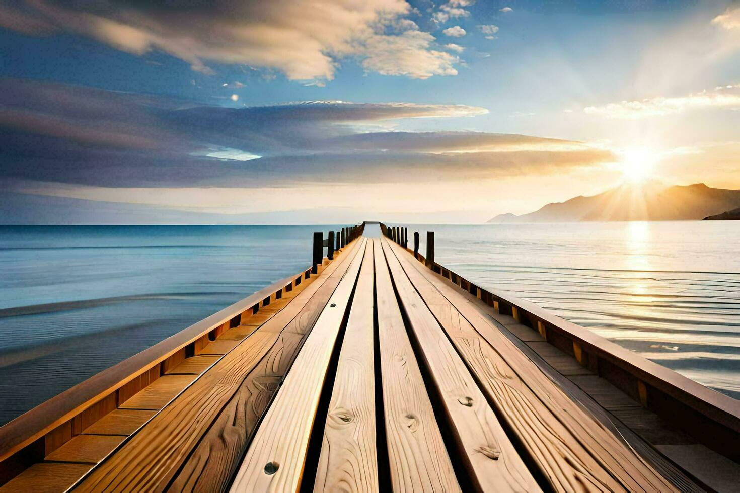 a wooden pier stretches out into the ocean. AI-Generated photo