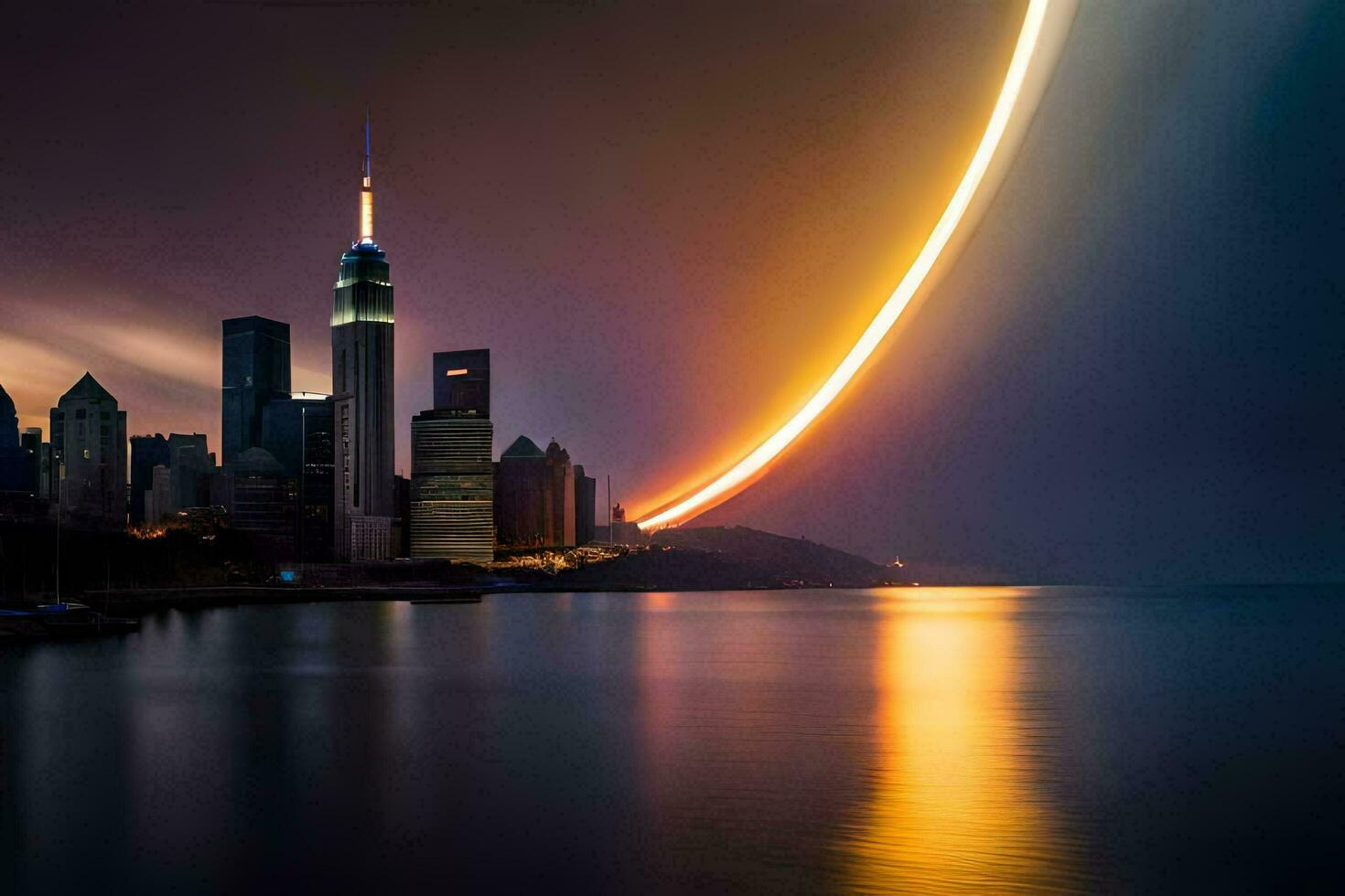 the city skyline is lit up by the sun. AI-Generated photo