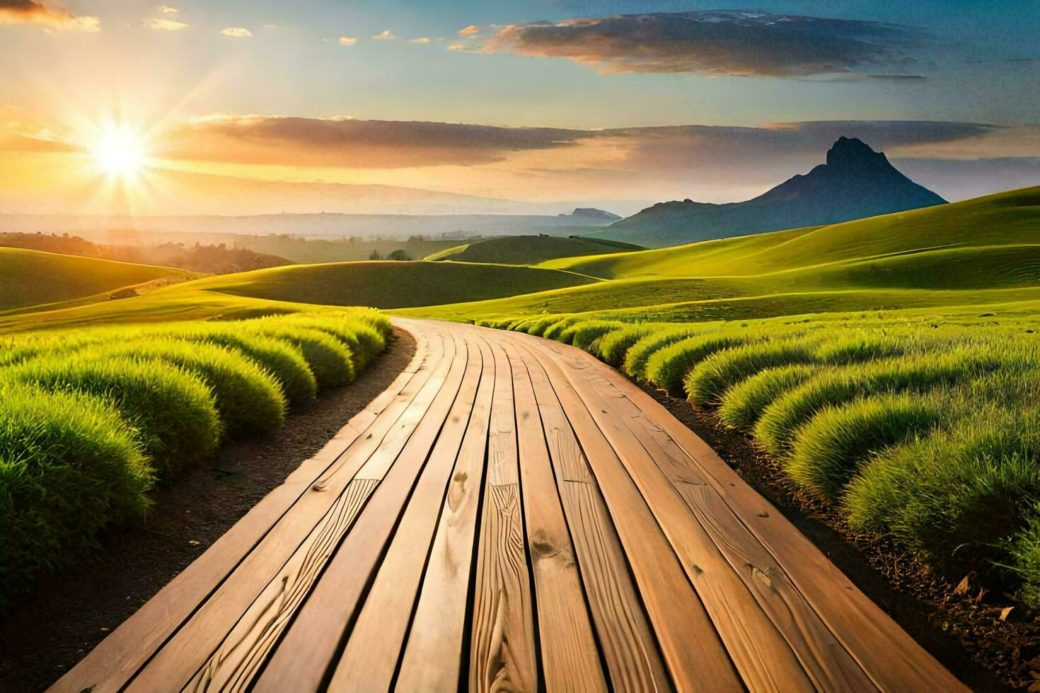 wooden path in the field at sunset. AI-Generated photo