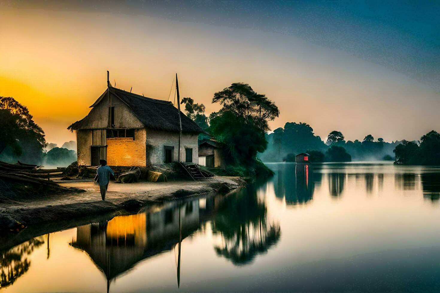 a house sits on the shore of a river at sunset. AI-Generated photo