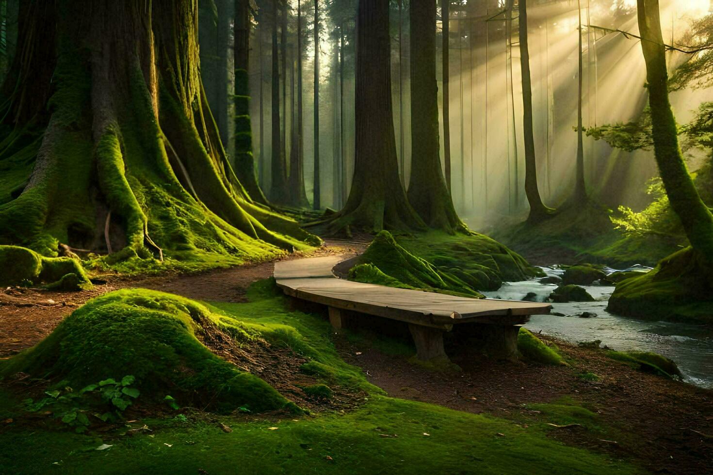 a wooden path through a forest with trees and moss. AI-Generated photo