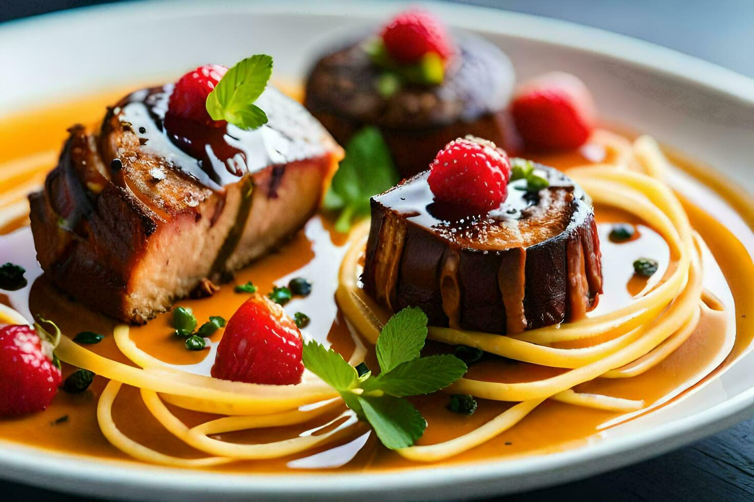 a plate of spaghetti with meat and berries. AI-Generated photo