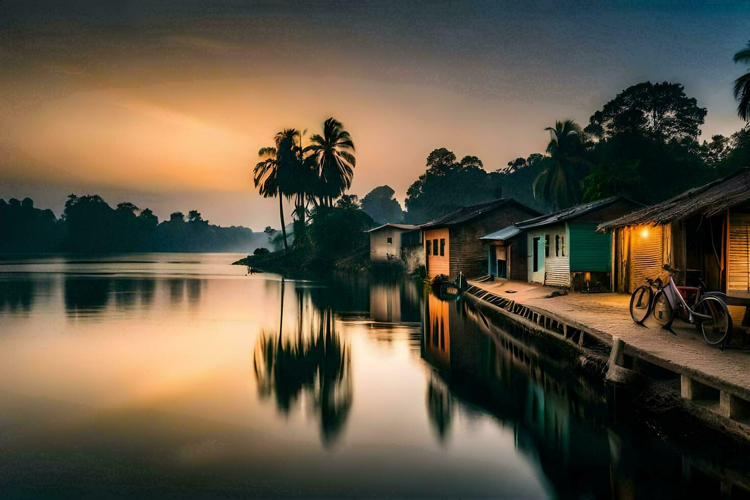 a boat dock and houses on the water at sunset. AI-Generated photo