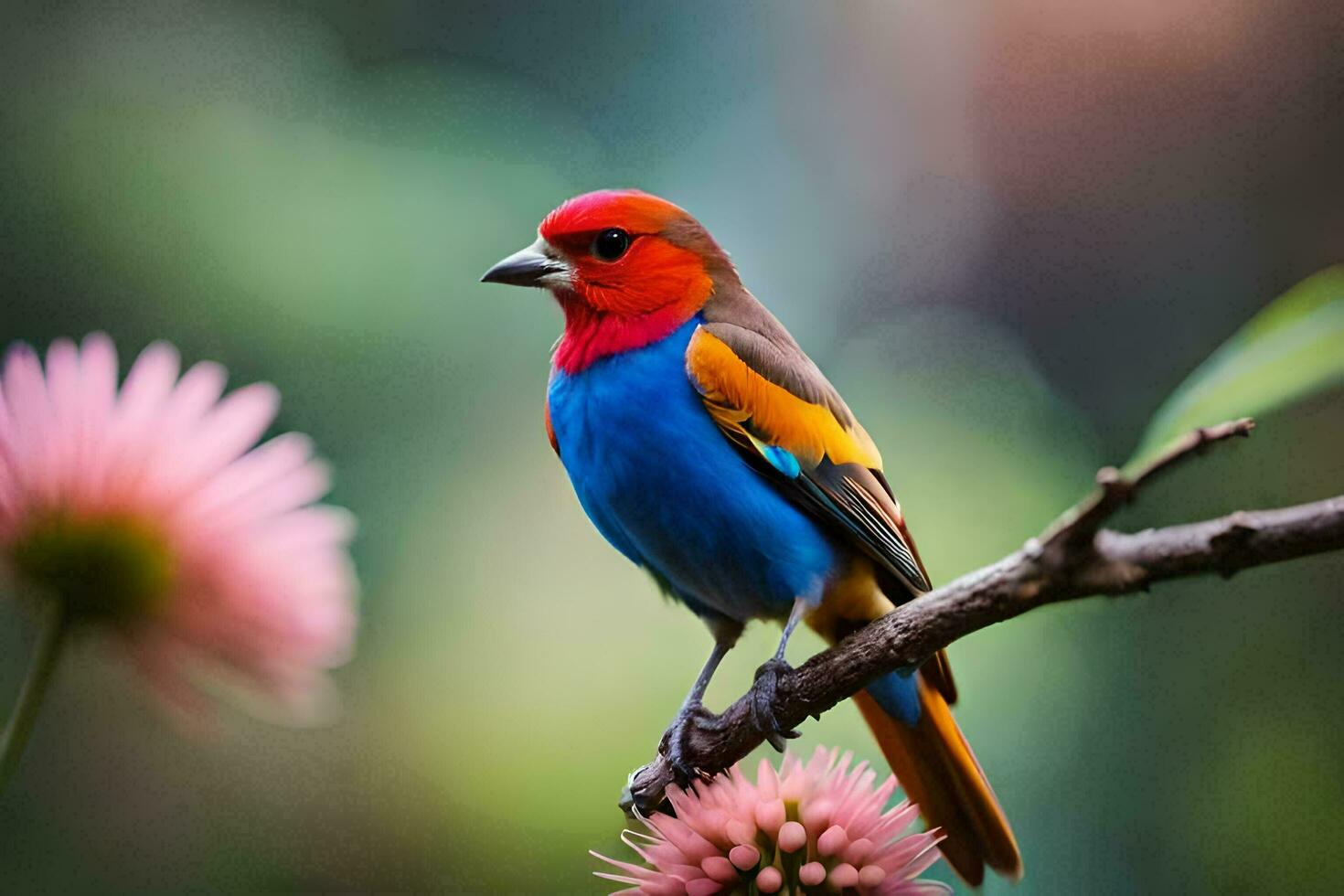 a colorful bird sits on a branch with pink flowers. AI-Generated photo