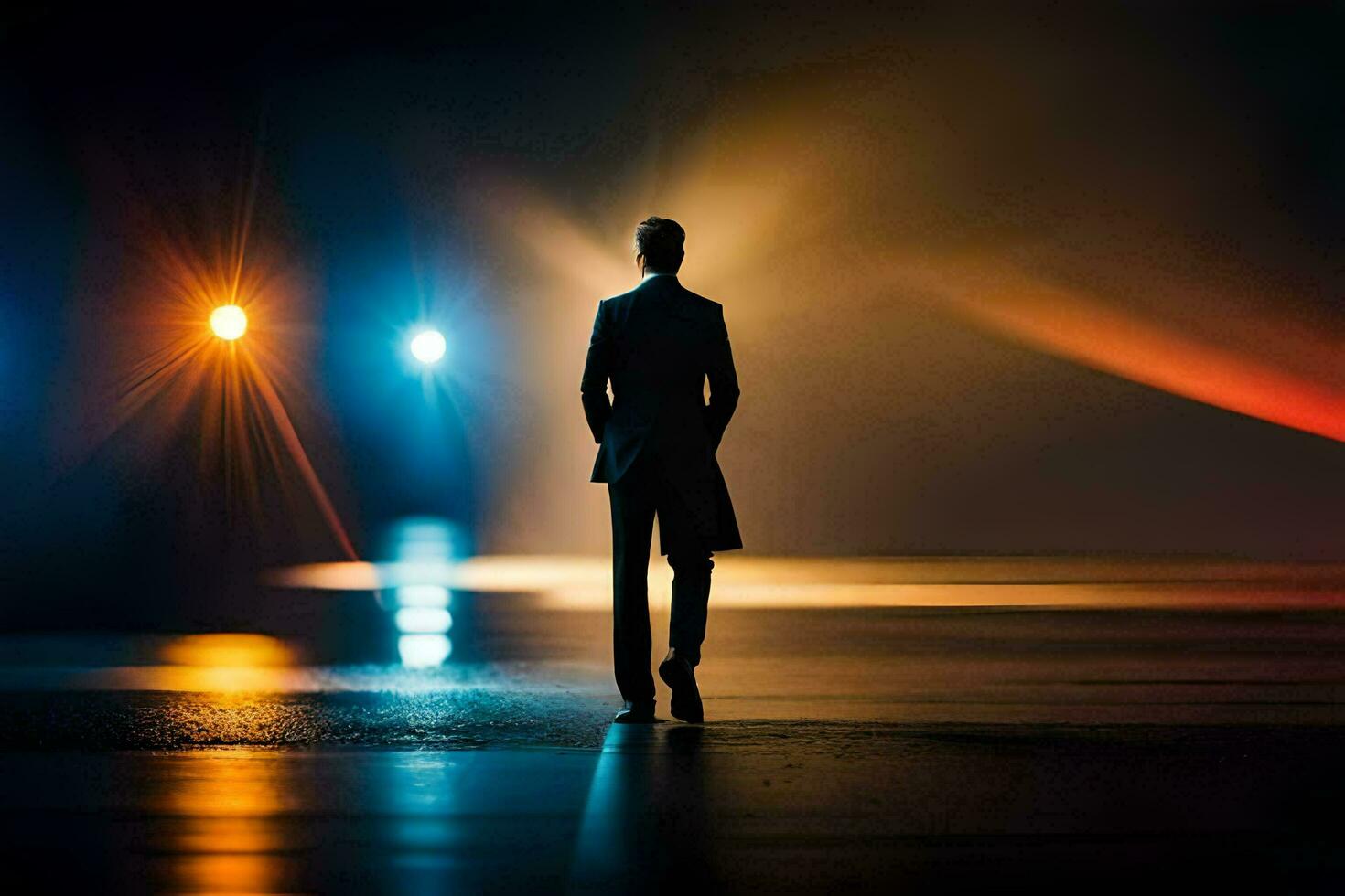 a man in a suit is walking in the dark. AI-Generated photo