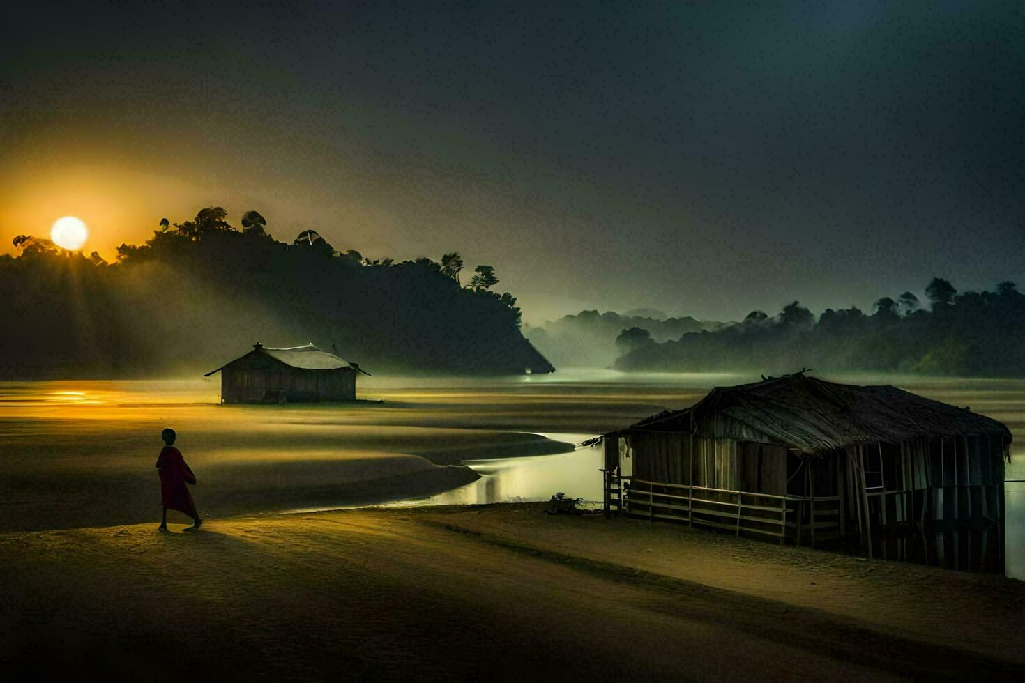 a man walks along the beach at sunrise. AI-Generated photo