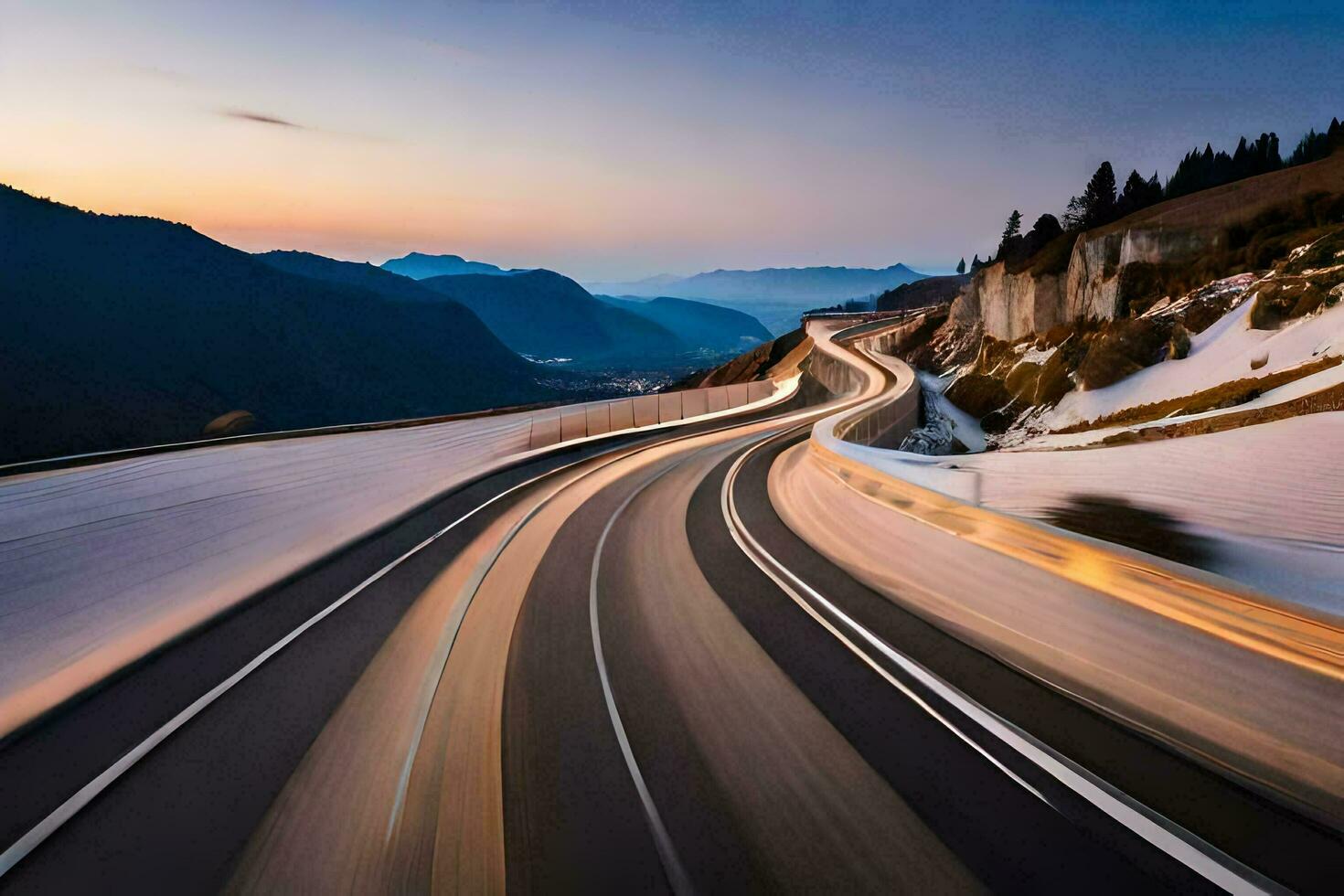 a long exposure photograph of a highway at sunset. AI-Generated photo