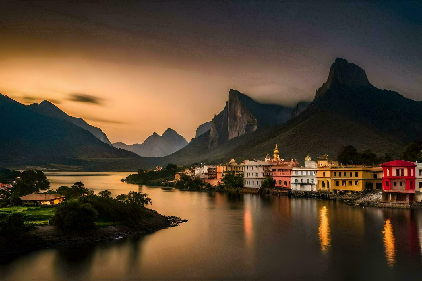 un río y algunos casas en el montañas. generado por ai foto