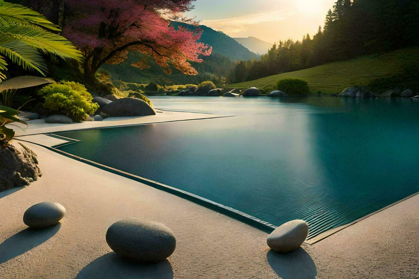 a pool surrounded by rocks and trees. AI-Generated photo