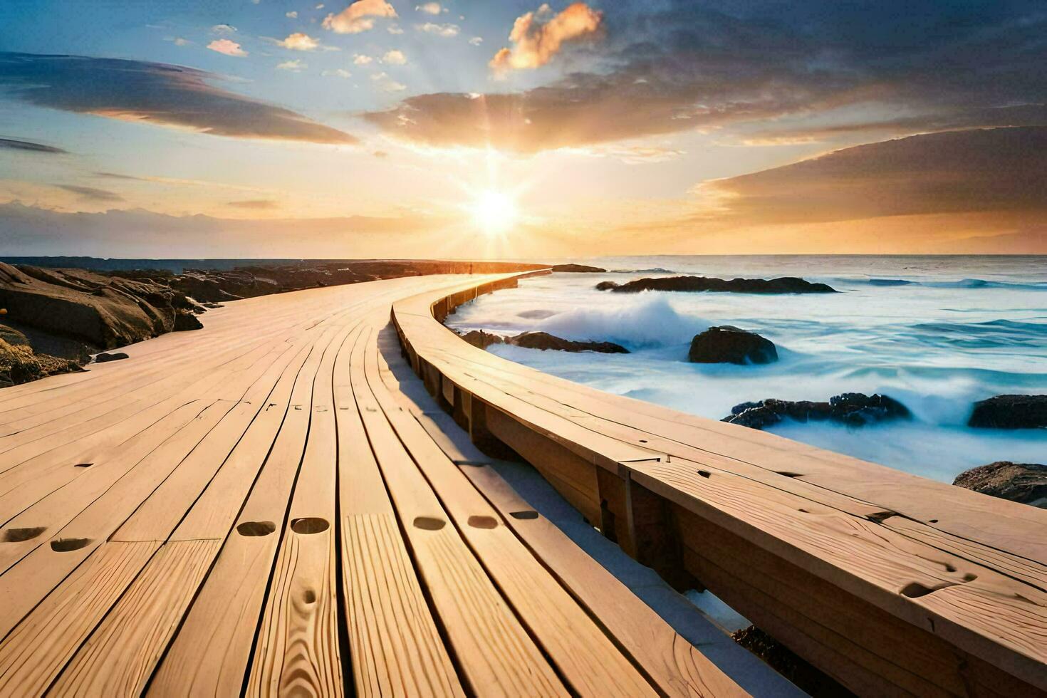 a wooden boardwalk leads to the ocean at sunset. AI-Generated photo