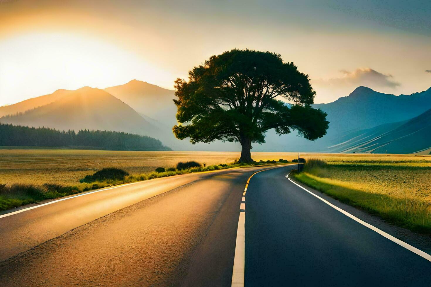 a tree stands alone on a road in the middle of a field. AI-Generated photo