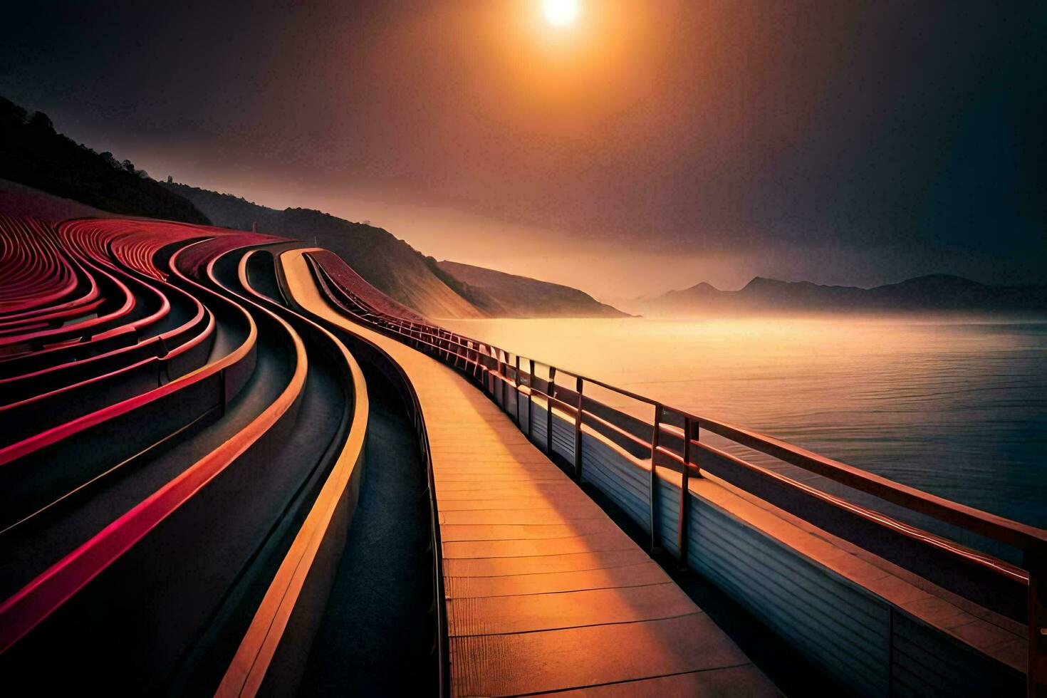 a long exposure photo of a train going down a track. AI-Generated