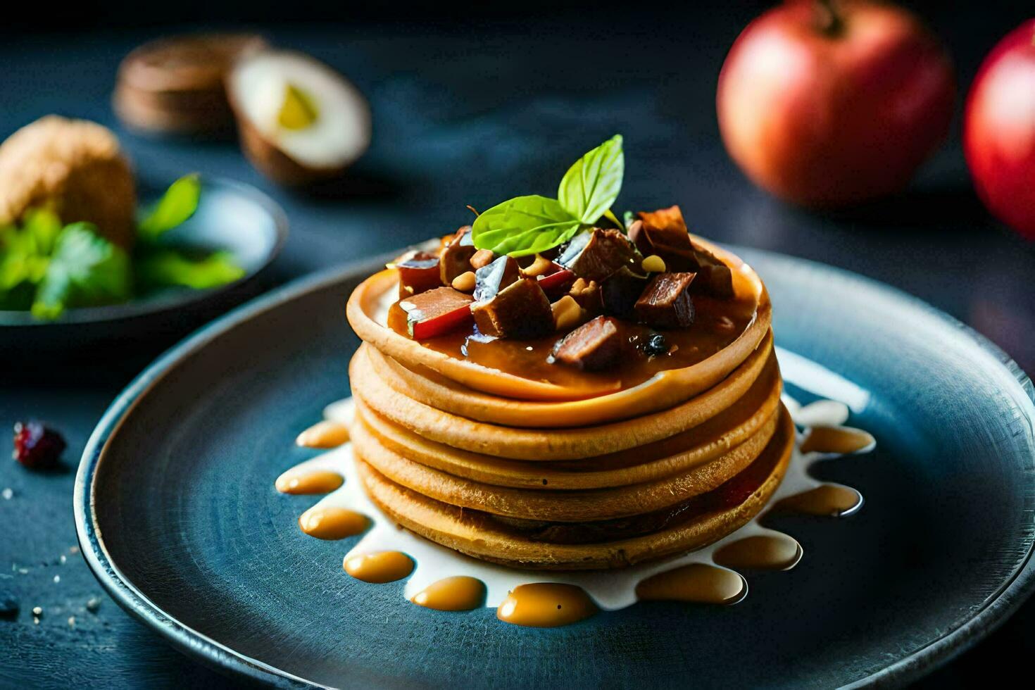 pancakes with apples and maple syrup on a black plate. AI-Generated photo