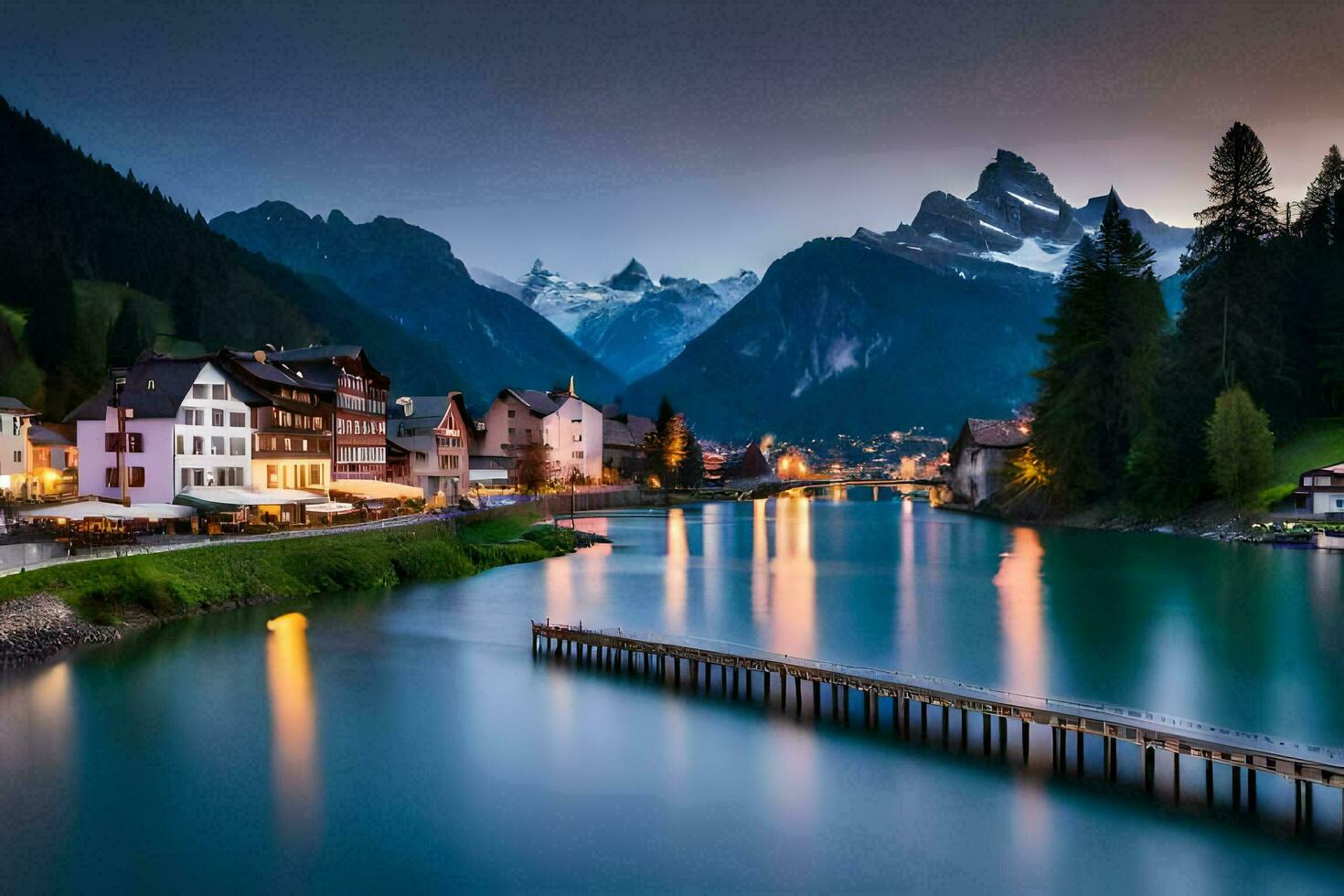 photo wallpaper the sky, mountains, water, trees, houses, town, lake, river,. AI-Generated