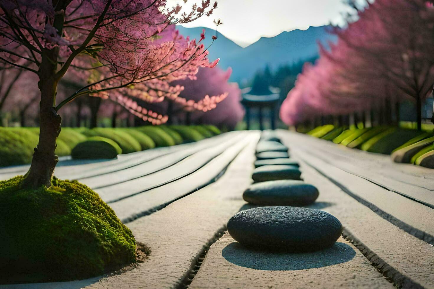 a walkway lined with stones and pink trees. AI-Generated photo