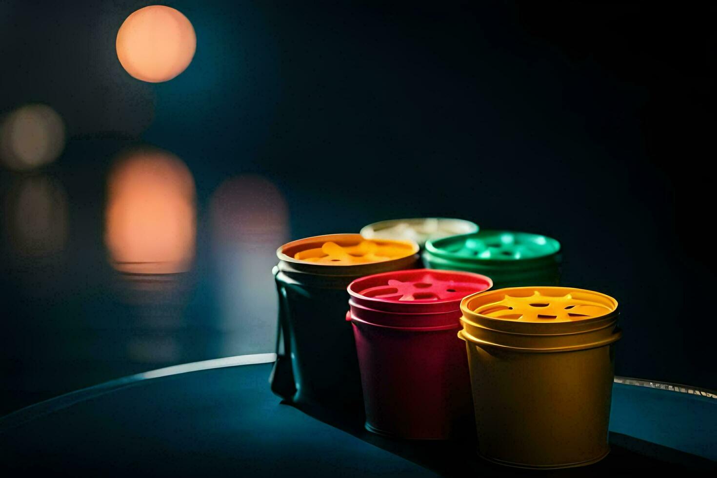 four colorful plastic cups sitting on a table. AI-Generated photo