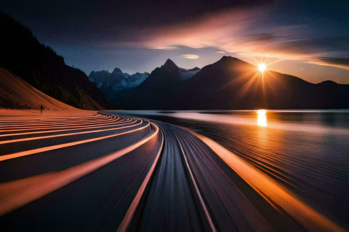 a train tracks on the beach at sunset. AI-Generated photo