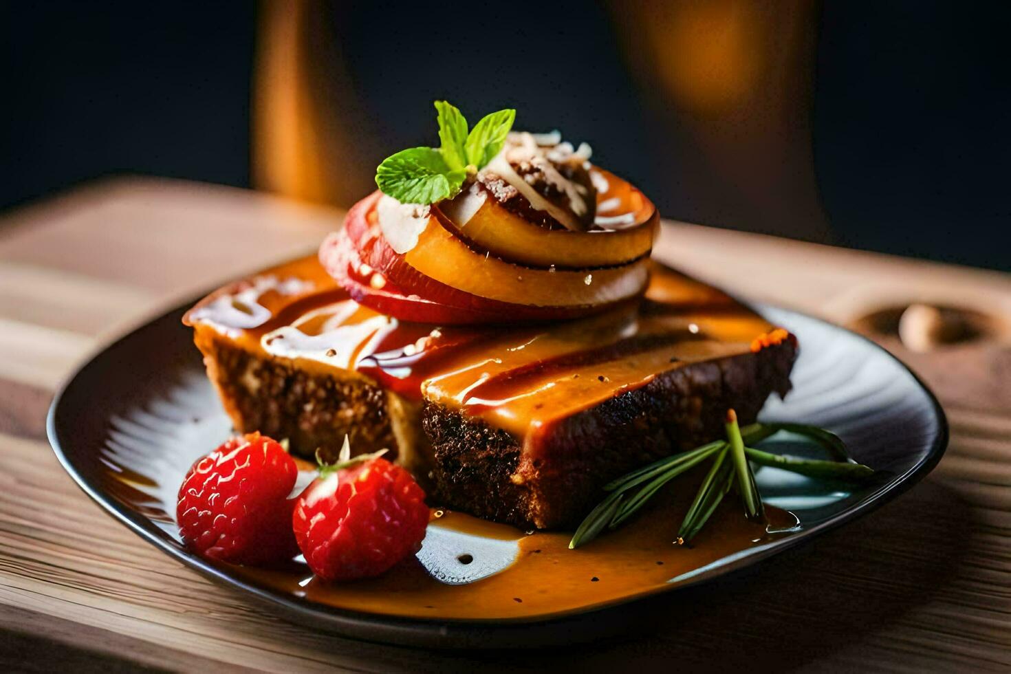a piece of cake with fruit and syrup on top. AI-Generated photo
