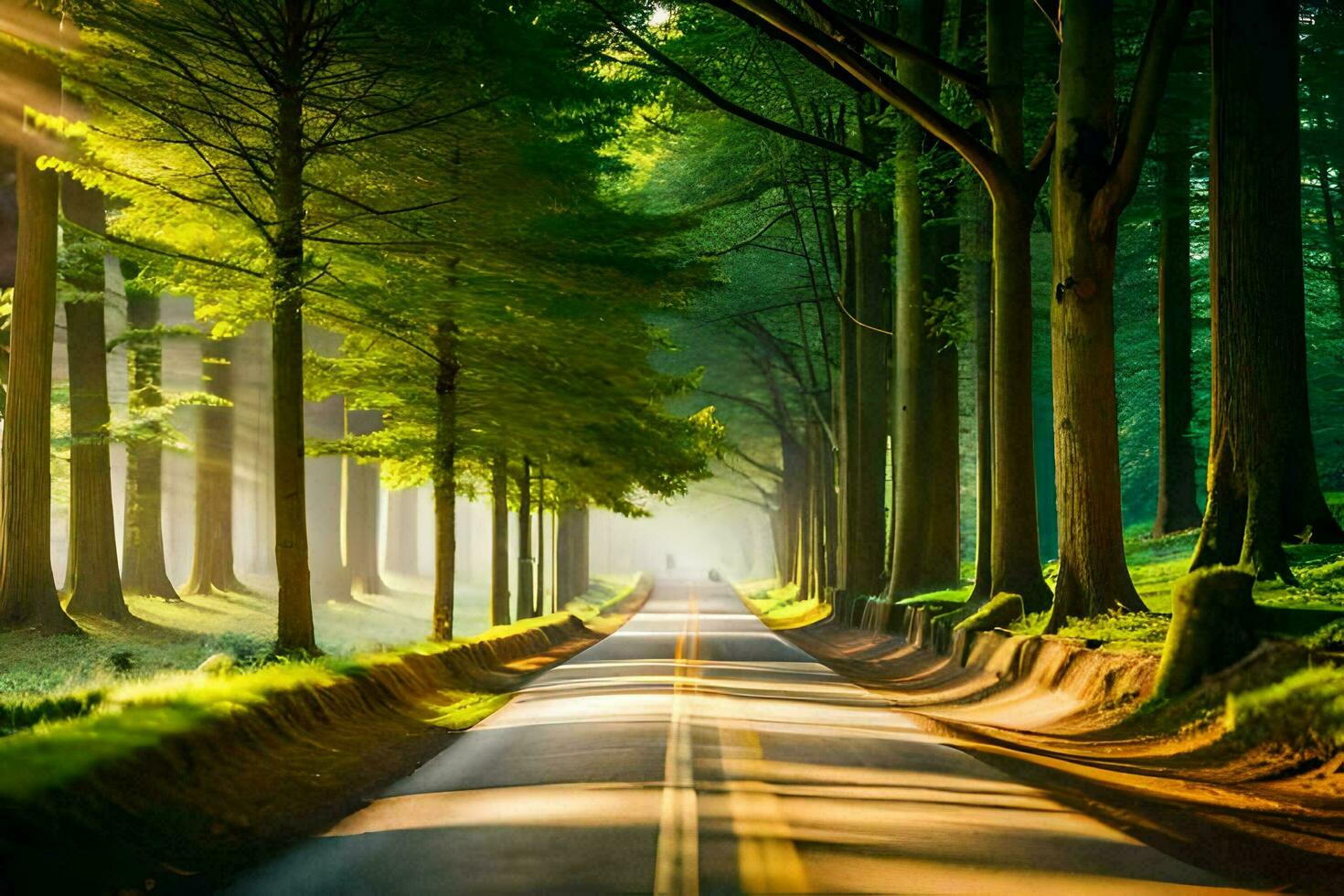 a road in the middle of a forest with trees. AI-Generated photo