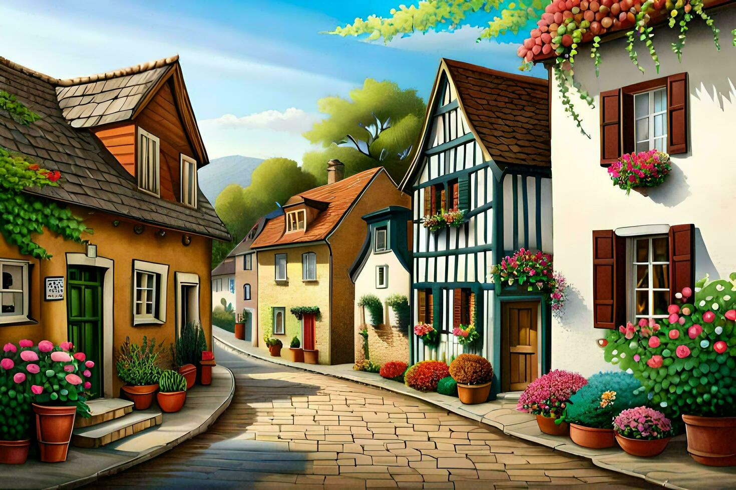 a painting of a street with houses and flowers. AI-Generated photo