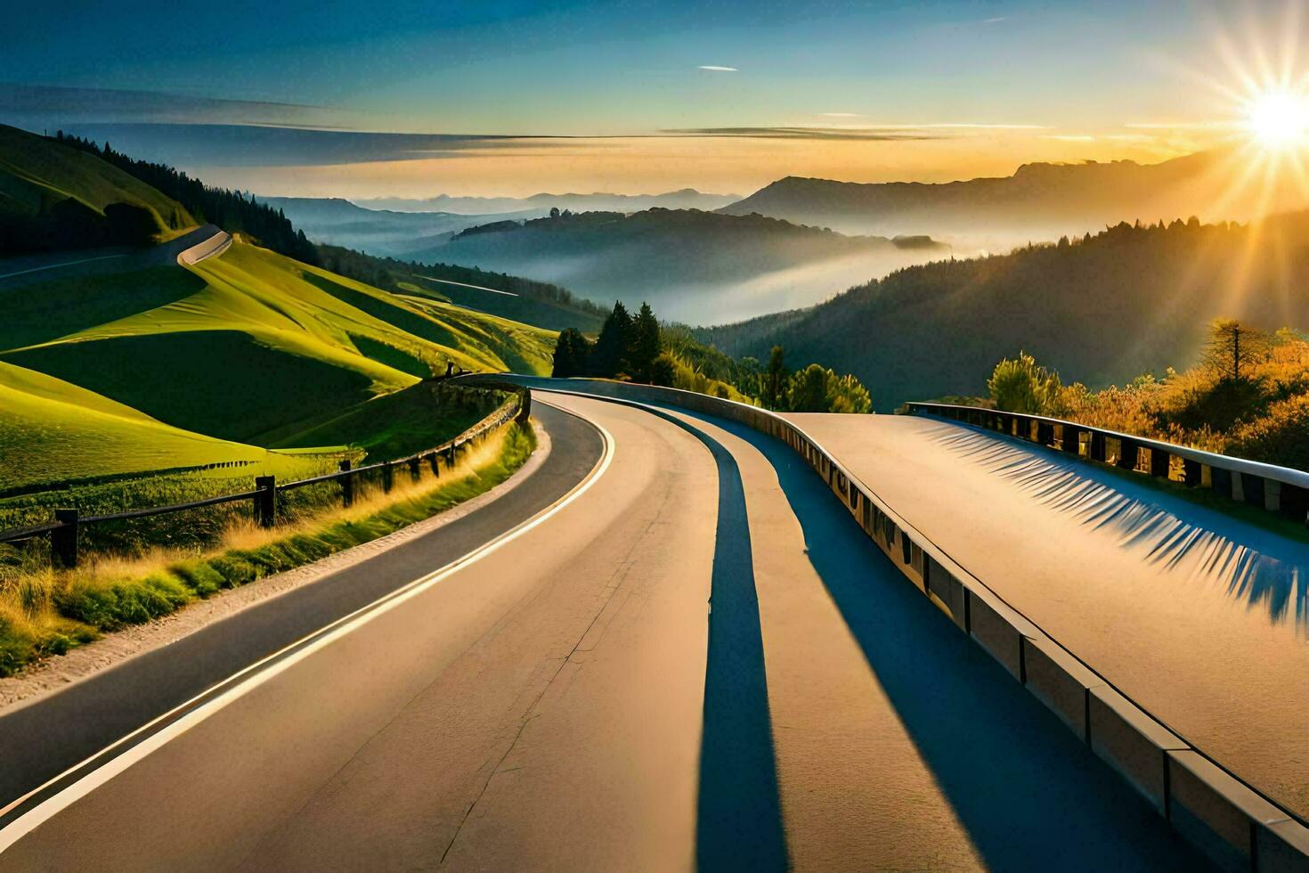 a scenic road in the mountains. AI-Generated photo